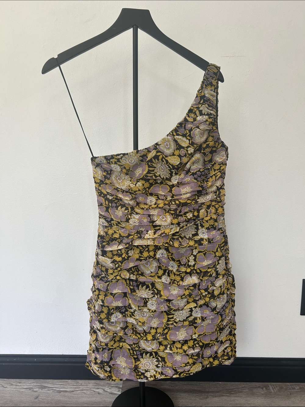 Zara One-Shoulder Floral Jacquard Mini Dress in Black, Gold & Lavender